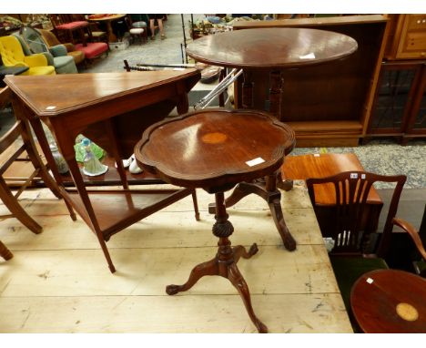 A MAHOGANY TWO TIER PLANTER STAND INLAID WITH ROSETTES TOGETHER WITH THREE SMALL TABLES