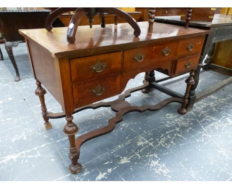 A MAHOGANY FIVE DRAWER SIDE TABLE ON TURNED LEGS JOINED BY A WAVY STRETCHER