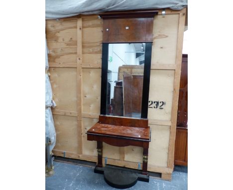 A BIEDERMEIER TASTE EBONY AND MAHOGANY PIER GLASS AND TABLE. THE MIRROR FRAME.   H 153  x W 78cms.