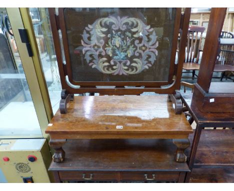 A MAHOGANY FRAMED NEEDLEWORK FIRESCREEN, A MAHOGANY LOW TABLE AND A SATIN WOOD BANDED MAHOGANY TWO DRAWER TABLE