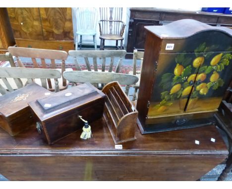A TEA CADDY, A DECORATIVE WALL CABINET, LETTER RACK, ETC.
