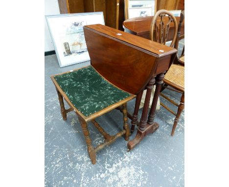 A MAHOGANY OVAL SUTHERLAND TABLE TOGETHER WITH A MAHOGANY STOOL