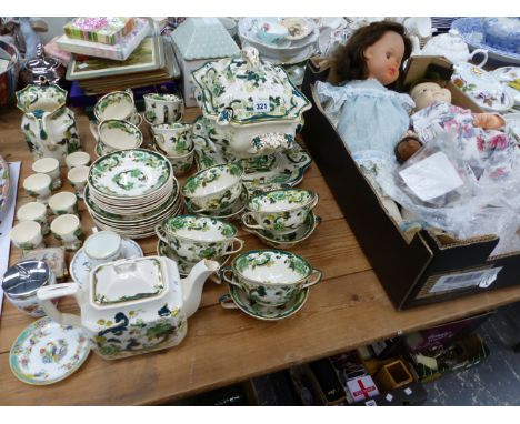 A MASONS CHARTREUSE PATTERN SOUP TUREEN, SOUP BOWLS, TEA AND EGG CUPS TOGETHER WITH A STEIFF HEDGEHOG AND TWO VARIOUS DOLLS