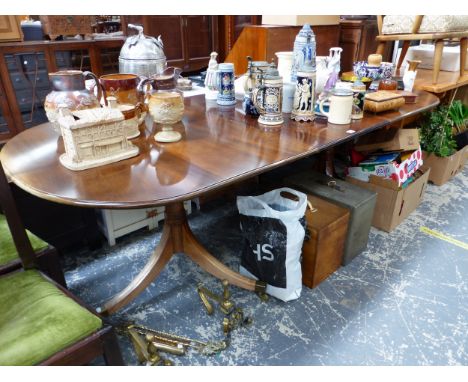 A MAHOGANY TWO PILLAR DINING TABLE WITH SINGLE LEAF.   W 220 x D 95 x H 73cms.