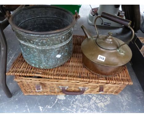 A PICNIC HAMPER, COPPER KETTLE, ETC.