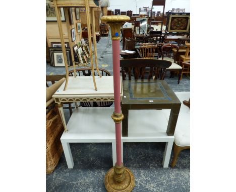 A PAIR AND TWO OTHER SQUARE TOPPED COFFEE TABLES, A FLOWER PAINTED OVAL WINE TABLE AND A GILT AND PINK STANDARD LAMP