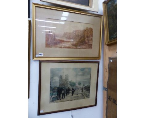 A. COTAMAN (19th.C. ENGLISH SCHOOL). A RIVER SCENE, SIGNED, WATERCOLOUR 25 x 45cms.  TOGETHER WITH A COLOUR ETCHING OF PARIS 