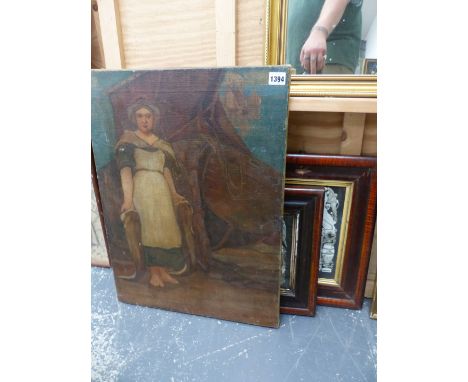 EARLY 20th.C. SCHOOL.  PORTRAIT OF A FISHERWOMAN, OIL ON CANVAS, UNFRAMED, 61 x 46cms.  TOGETHER WITH TWO 19th.C. MEMORIAL NO