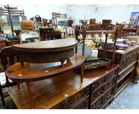 AN OAK STICK STAND, A BURR WALNUT OVAL COFFEE TABLE AND AN OAK FLAP TOP DEMILUNE COFFEE TABLE