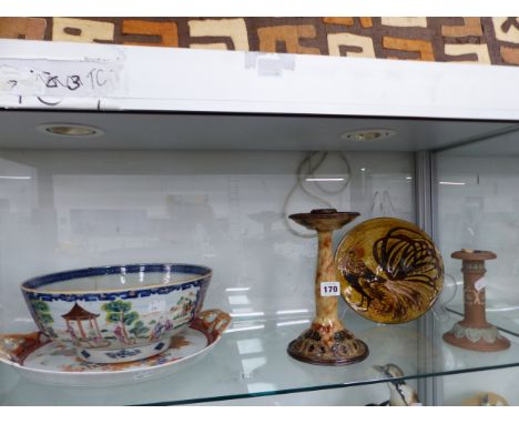 A CHINESE BOWL, A JAPANESE 2 HANDLED TRAY, TWO DOULTON CANDLESTICKS AND A COCKEREL DISH
