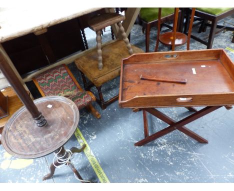 A MAHOGANY BUTLERS TRAY, A GOUT STOOL, TWO OTHER STOOLS AND A MAHOGANY TRIPOD TABLE BASED STANDARD LAMP