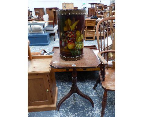 A MAHOGANY CANTED SQUARE TOPPED TRIPOD TABLE TOGETHER WITH A CYLINDRICAL STICK STAND PAINTED WITH FRUIT