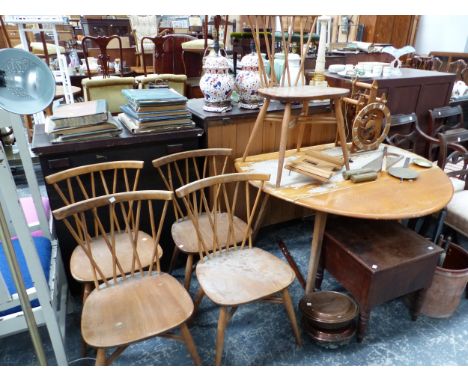 AN ERCOL DROP FLAP OVAL TABLE TOGETHER WITH FIVE CHAIRS
