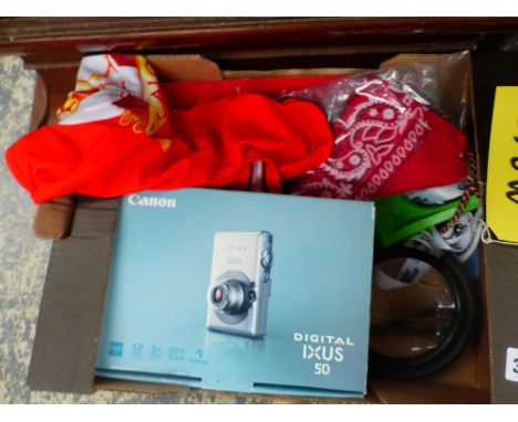 A CANNON DIGITAL CAMERA AND A BOX OF MISC. 