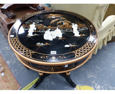 A CHINESE BLACK LACQUER CIRCULAR TABLE GILT AND INLAID WITH LADIES ON A GARDEN TERRACE