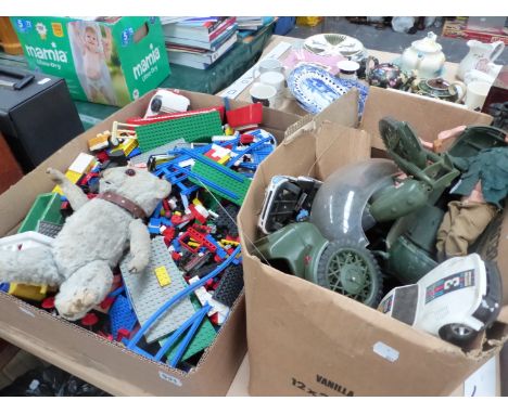 A LARGE BOX OF LEGO, A COLLECTION OF VINTAGE ACTION MAN FIGURES ETC, AND A BLUE PLUSH TEDDY BEAR. 