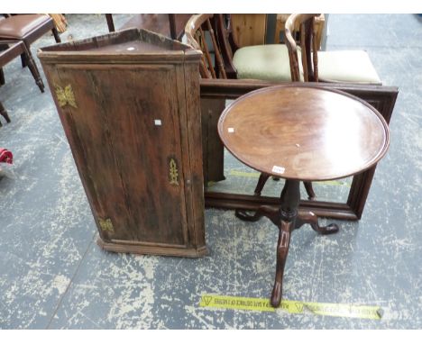 A 19th C. MAHOGANY TRIPOD TABLE TOGETHER WITH AN OAK CORNER CUPBOARD