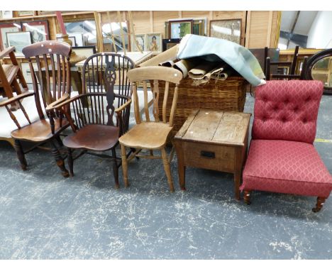 A WINDSOR CHAIR, A STRAP BACKED KITCHEN ELBOW CHAIR, ANOTHER KITCHEN CHAIR, A BUTTON BACKED NURSING CHAIR AND AN OAK COMMODE