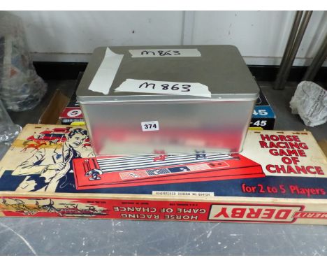 A 007 BOXED GROUP OF JAMES BOND CDS, A MORTAR GUN, AND A VINTAGE MERIT DERBY HORSE RACING GAME. 