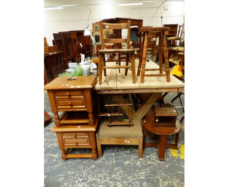 A PAIR OF OAK TWO DRAWER BEDSIDE CHESTS, TWO STOOLS, A CHILD'S CHAIR, A COFFEE TABLE, COLLECTORS WALL SHELF AND A WOODEN CONT