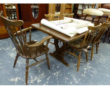 AN OAK REFECTORY TABLE TOGETHER WITH FIVE CHAIRS INCLUDING ONE WITH ARMS