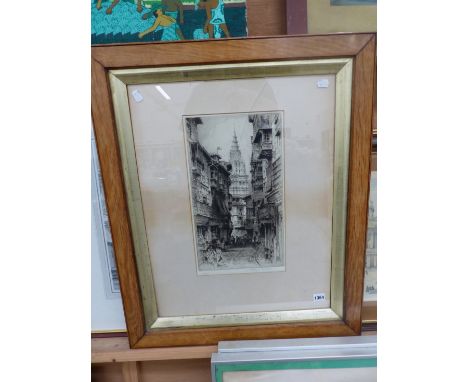 AN EARLY 20th CENTURY ETCHING OF A STREET IN TOLEDO, INDISTINCT PENCIL SIGNATURE, 42 x 24cm, TOGETHER WITH THREE OTHER ARCHIT