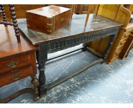 AN OAK REFECTORY TABLE WITH FLUTED APRON AND BALUSTER LEGS.&nbsp;&nbsp;W. 148 x D. 61 x H. 80.5cms