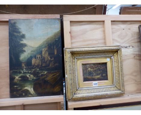 19th.C. SCHOOL.  FIGURE ON A WOODLAND TRACK, OIL ON BOARD, 12 x 18cms.  TOGETHER WITH ANOTHER LANDSCAPE ON PANEL BY A DIFFERE
