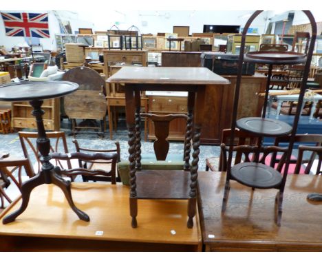 A MAHOGANY THREE TIER CAKE STAND, A STAINED PINE TWO TIER TABLE AND A MAHOGANY TRIPOD WINE TABLE