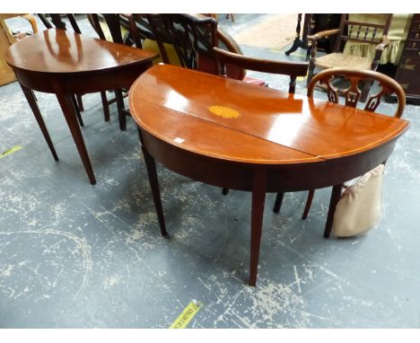 A PATERA AND LINE INLAID MAHOGANY DEMILUNE TABLE TOGETHER WITH A MAHOGANY D-END OF A DINING TABLE