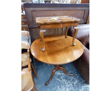 A MAHOGANY ROUND TRIPOD TABLE TOGETHER WITH A TRAY TOP COFFEE TABLE