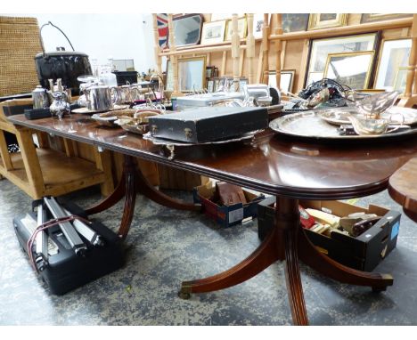 A MAHOGANY TWO PILLAR DINING TABLE WITH SINGLE LEAF, BY FURNITURE MAKER WILLIAM TILLMAN.   W. 204 x D. 107 x H. 73cms.