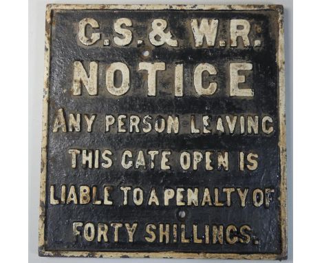 A cast iron G.S. &amp; W.R. gate notice sign, 29 x 28 cm.