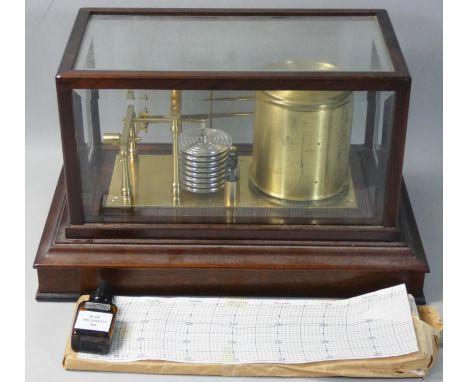 A mahogany cased brass barograph, with chart drawer, quantity of graphs and blue recorder ink. 