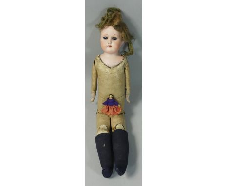 A vintage bisque doll with closing eyes and open mouth, marked 'Germany' and 'J', length together with a miniature doll (2). 
