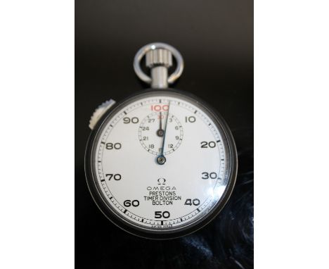 AN OMEGA 'PRESTON'S TIMER DIVISION BOLTON' STOP WATCH, with Omega box, Dia 5 cm