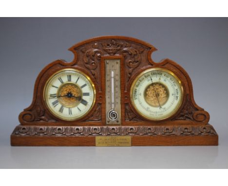 A VICTORIAN OAK COMBINATION CLOCK AND BAROMETER, W 37.5 cm