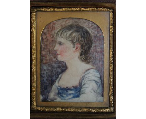 A 19TH CENTURY PORTRAIT MINIATURE OF A YOUNG GIRL IN A BLUE AND WHITE DRESS, with gilt metal surround in a red leather case, 