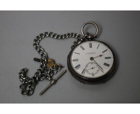 A HALLMARKED SILVER OPEN FACED MANUAL WIND POCKET WATCH, on plated chain, Dia 5.25 cm