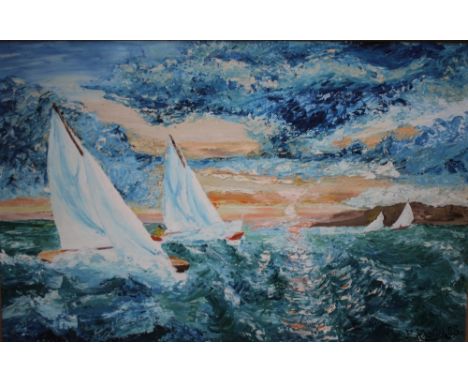 P. RANDLES (XX). Seascape with sailing boats, signed lower right, oil on board, framed, 56 x 88 cm