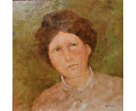 RAUL GUTIERREZ, an oil portrait of a lady, signed lower right and verso, 24.5 x 24.5 cm