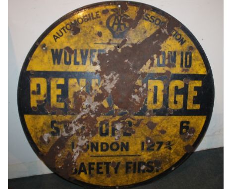 LOCAL PENKRIDGE INTEREST - A CIRCULAR ENAMEL SIGN 'AUTOMOBILE ASSOCIATION WOLVERHAMPTON 10 PENKRIDGE STAFFORD 6 LONDON 127 ¾ 