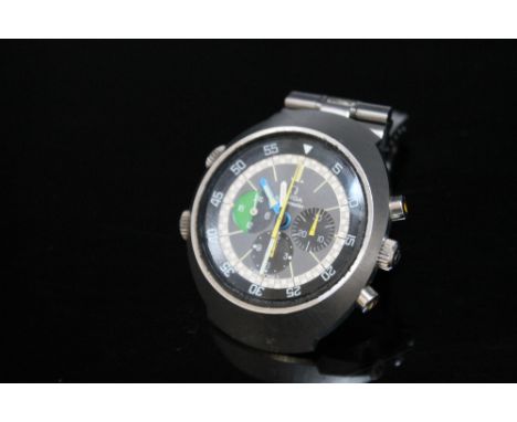 OMEGA - A 1970'S FLIGHTMASTER CHRONOGRAPH WRIST WATCH, with blue and green dial and arms ,  ST145013 / 31634446 stainless ste