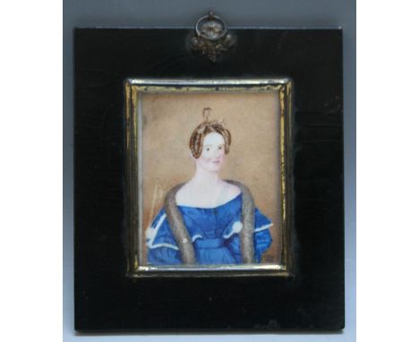 A PORTRAIT MINIATURE OF A LADY IN A BLUE DRESS AND BLACK SCARF, in black frame with gilt metal finial, signed and dated 1837,