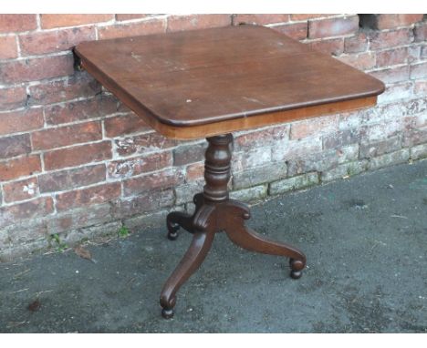 A 19TH CENTURY TILT-TOP PEDESTAL TABLE, the shaped rectangular top raised on a turned support and tripod base, H 74 cm, Dia. 