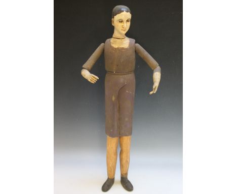 AN EARLY POLYCHROME PAINTED WOODEN MALE MANNEQUIN, H 79 cm