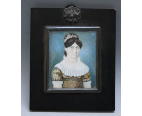 MRS DAVIS. A portrait miniature of a lady, in a black frame with acorn finial, signed and dated 1841 verso, framed and glazed