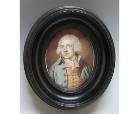A 19TH CENTURY OVAL PORTRAIT MINIATURE OF DR SAMUEL JOHNSON, in oval black frame, unsigned, framed and glazed, 6 x 4.5 cm