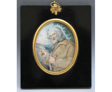 A 19TH CENTURY OVAL PORTRAIT MINIATURE OF A BEARDED TRAVELLER, landscape beyond, in a wooden frame with acorn finial, unsigne