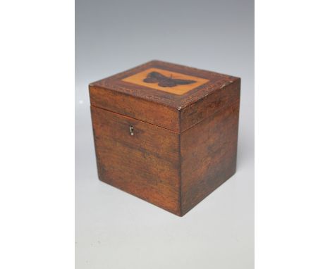 A TUNBRIDGE WARE TEA CADDY WITH BUTTERFLY DECORATION, H 11.5 cm